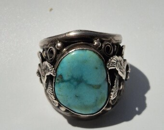 Solid vintage sterling silver ring with large untreated turquoise | Handmade USA, circa 1970 | Native American jewelry