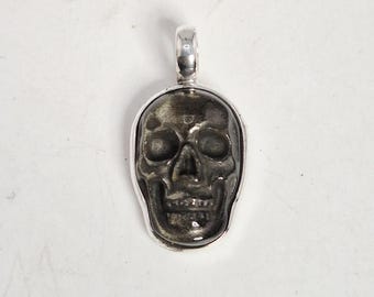 Gold obsidian skull pendant, 925 sterling silver, skull cabochon 25 mm, simply set, 5 mm eyelet, Schmuckrausch Vintage 0382