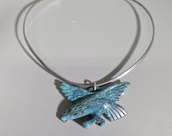 Mexican Turquoise Eagle Pendant with 925 Sterling Silver Collar – Hand Carved Bird Necklace – Vintage Statement Jewelry I SR1579