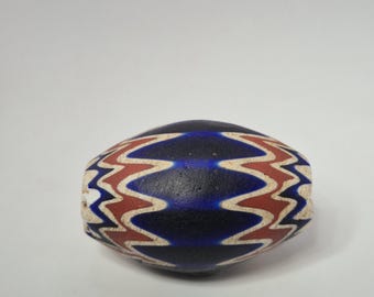Large antique chevron glass bead, 46.61 × 33.19 mm, egg-shaped, 6-layered, blue, red, white, Africa, re-import 0152