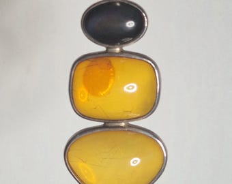 Amber pendant with obsidian | Tribal Spirit | 925 silver | Cognac-colored | Vintage gemstone amulet | Unique 98