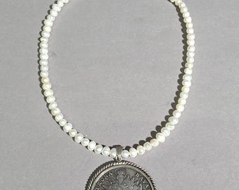 Antique traditional necklace with Madonna thaler from 1770 – freshwater pearls and silver – Patrona Bavariae SR1438