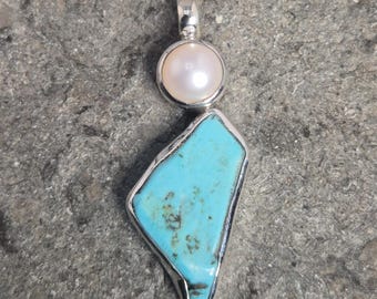 Turquoise pearl pendant, 925 silver, handmade, unique piece, Schmuckrausch Vintage 1753