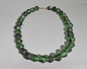 Emerald Green Recycled Glass Necklace 123.7g, Faceted Java Bottle Glass, Gold-Plated 925 Silver Beads and S Hook I SR1232