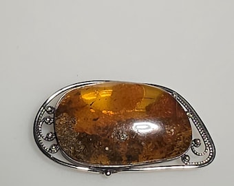 Art Nouveau Amber Brooch, Baltic, natural bark print, silver tested, Germany, Schmuckrausch Vintage 0310