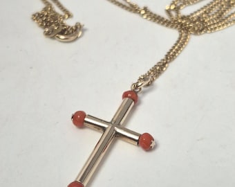 Coral cross, 14k gold (585) with 14k chain (333), antique pendant circa 1900, Italy, Vintage Jewelry Rush Vintage