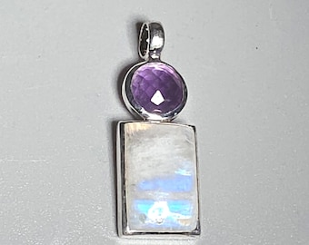 Amethyst pendant, 925 silver, faceted rainbow moonstone, Schmuckrausch Vintage 0233