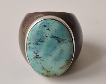 Turquoise ring with Makassar ebony and 925 silver – handmade cabochon ring – Tribal Spirit Schmuckrausch Vintage 12930