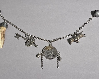 Antique ladies' charivari, 835 silver, with dachshund, key, deer antler and 1 Mark, 1914 – Dirndl, wedding, Oktoberfest – 43.27 gI SR1429