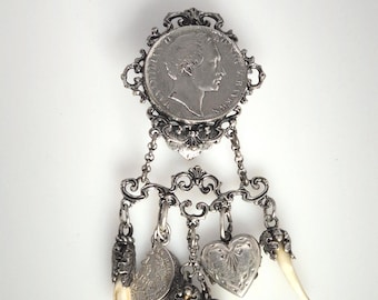Antique skirt pin silver 835 with King Ludwig coin, heart medallion & love pledge – traditional costume jewelry Oktoberfest wedding 1818