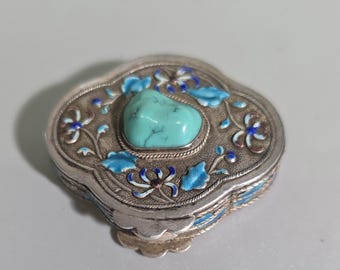 Antique Chinese Export Silver Box – Hubei Turquoise and Enamel – Vintage China Trinket Box I SR1542