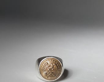 Silver signet ring, French Navy uniform button, eagle and anchor design, size 57, Tribal Spirit 0042