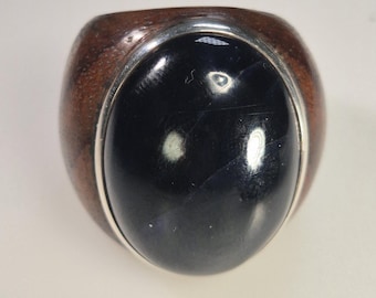 Makassar ebony ring with large amethyst – very dark cabochon 28×21mm – size 55 – 925 silver – unique piece 1747