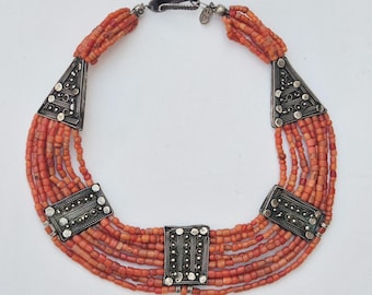 Antique traditional coral necklace with silver elements, 8-row, Western Ukraine/Balkans, initials ML – Schmuckrausch Vintage 789