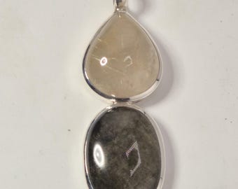 Rutilated quartz gold obsidian pendant, 925 silver, handmade Bali cabochon, teardrop shape, unique piece, 60 mm, Schmuckrausch Vintage 0033