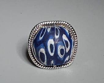 Antique Jatim ring, eye pearl, blue, 925 silver, ring size 54, Schmuckrausch Vintage 0327