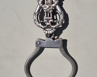 Antique skirt pin – Art Nouveau lyre with vase & flowers – silver tested