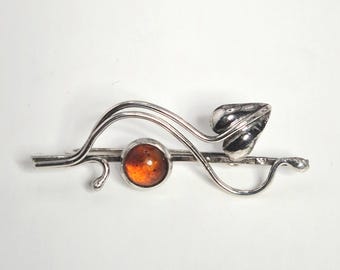 Art Nouveau Amber Brooch, 835 Silver, Germany, Handmade, 0107