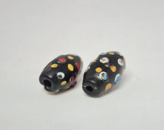 Very rare pair of elongated black Murano Eye Beads, Venetian glass beads, 19th century, Trade Beads, Schmuckrausch Vintage 0145