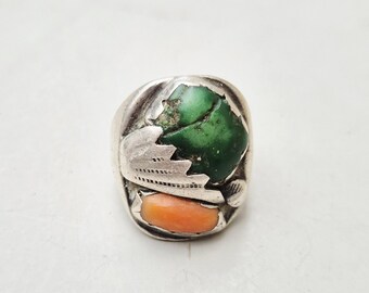 PJT Ring Silver 925 tested • Zuni Percy J. Tsadiasi • Turquoise & Coral • Native American Jewelry • Size 60 • USA Vintage I 1568