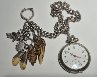 Antique pocket watch with a fine silver chain and handcrafted pendants | Luxury traditional jewelry for Oktoberfest and weddings | Unique piece from around 1900