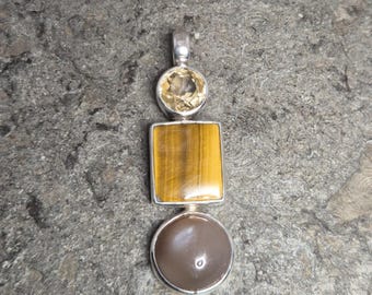 Silver pendant, citrine, tiger's eye, moonstone, 925 sterling silver, three-stone design, 5.7 mm eyelet, Schmuckrausch Vintage 0621