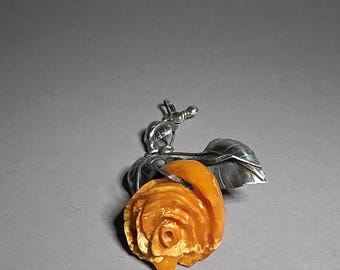 Large Art Nouveau Baltic Amber Rose Pendant 800 Silver Germany Schmuckrausch Vintage 0097