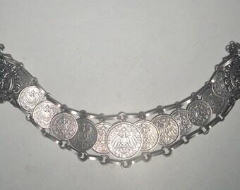 Antique ladies' silver charivari | Romantic traditional costume jewelry for dirndls, weddings, and Oktoberfest | Unique piece with 13 silver coins