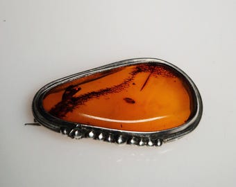 Art Nouveau brooch made of tested silver – Cognac amber – handmade – 11.1g – ca. 1910 – floral design – Schmuckrausch Vintage 1670