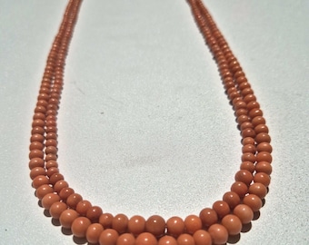 Antique 2-row coral necklace 80cm, Sardinian coral, 14K gold lock, Art Nouveau historicism, 66g, handmade, hallmarked 585 (1422)