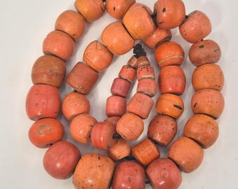 Antique Sherpa Coral Glass Bead Strand Nepal Tibet Mix Shapes Salmon Pink Patina 283 g Vintage Trade Beads Jewelry Rush Vintage 1944