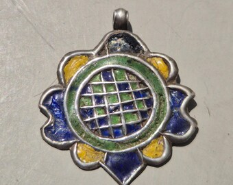Kennauri Lotus Pendant with Lattice Motif • Himachal Pradesh • Enamel Blue Yellow Green • Antique Protective Amulet • Tribal Jewelry I 162