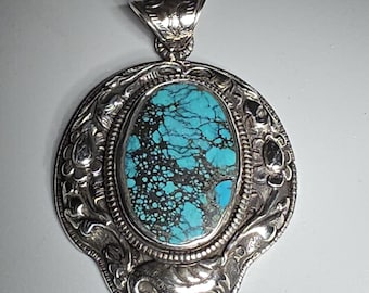 Large silver pendant, turquoise, Tibetan, hand-crafted, jewelry rush, vintage 0326