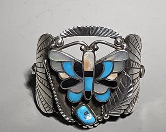 Zuni Inlay Silver Bangle Butterfly Turquoise Cuff 1970s USA heavy 87g Vintage Schmuckrausch Vintage 0768