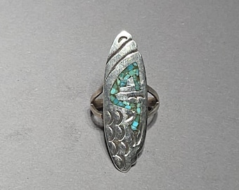 Vintage Southwest Chip Inlay Ring Sterling Silver • Turquoise Mosaic Ring • 1970s Native American Style • Schmuckrausch Vintage 0826