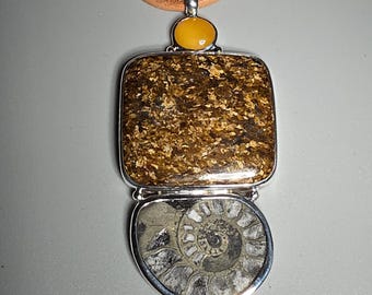 Large silver pendant, ammonite, pyrite, amber, citrine, 925, statement necklace, 100 mm, vintage jewelry.