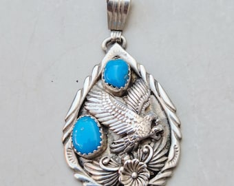 Vintage Navajo design pendant with eagle and turquoise | USA silver tested | 50 mm inverted teardrop | bold turquoise cabochons | 1784