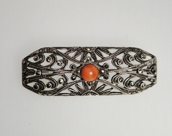 Rare Art Nouveau brooch silver with Italian coral & marcasites 8.95 g Schmuckrausch Vintage 1224