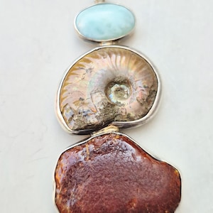 Könnte beinhalten: Ein Anhänger mit drei Natursteinen. Oben befindet sich ein hellblauer ovaler Stein, gefolgt von einem spiralförmigen Fossil und einem rotbraunen Stein unten. Alle Steine sind in Silber gefasst.