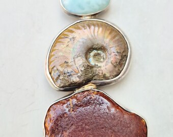 Large statement pendant with larimar, opalized ammonite & amber – 925 silver – unique piece 74.5mm I 1777