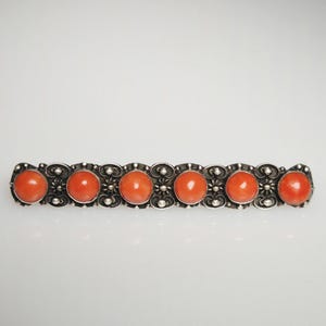Broche Ancienne En Argent Avec Cabochon Corail Et Petite Pierre Blanche – Bijou Vintage Français