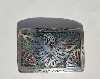 Vintage Sterling Belt Buckle USA 1970s Eagle Coral Turquoise Inlay 37g Western Buckle 1859
