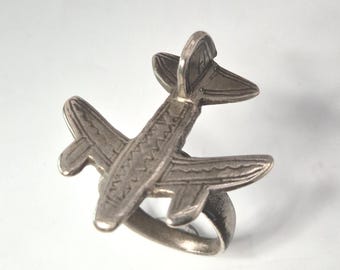 Old Tuareg silver ring, airplane design, large, ethnic, handmade, vintage, African, jewelry, vintage 1646