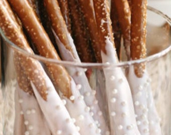 White Chocolate Covered Pretzel Rods, Pearl Wedding Baby Bridal Shower Birthday Party Favors Pretzel Party Favors