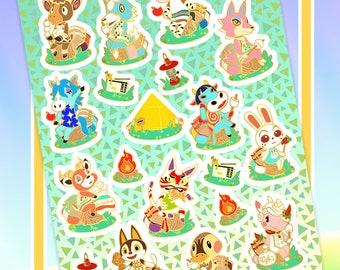May include: A set of 14 colourful enamel pins featuring Animal Crossing characters enjoying a camping trip. The pins are on a white background with a green and white triangle pattern. The characters include a wolf, a deer, a horse, a rabbit, a duck, a cat, and a bear.