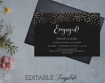 Black Engagement Invitations EDITABLE template, Gold Confetti Engagement party Invites PRINTABLE, Wedding invites, digital engagement invite
