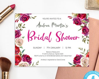 Bridal Shower Invitation TEMPLATE, Red Pink White bachelorette invite EDITABLE, Floral Hen Invitation PRINTABLE, engagement party, Wedding