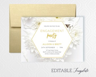 engagement party invite TEMPLATE White floral engagement invitation PRINTABLE hen bridal shower bachelorette Daisy details card EDITABLE