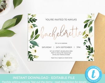 Bachelorette party invite PRINTABLE, Greenery Bachelorette invitation EDITABLE TEMPLATE, Rose Gold, Bachelorette party invitation elegant