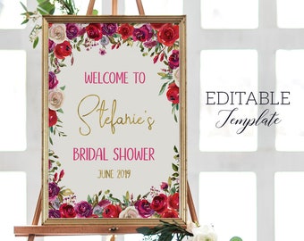 Red Floral Welcome Sign Wedding TEMPLATE, Bright pink Bridal Shower Sign EDITABLE, Engagement party Sign PRINTABLE, Hen party, Bachelorette